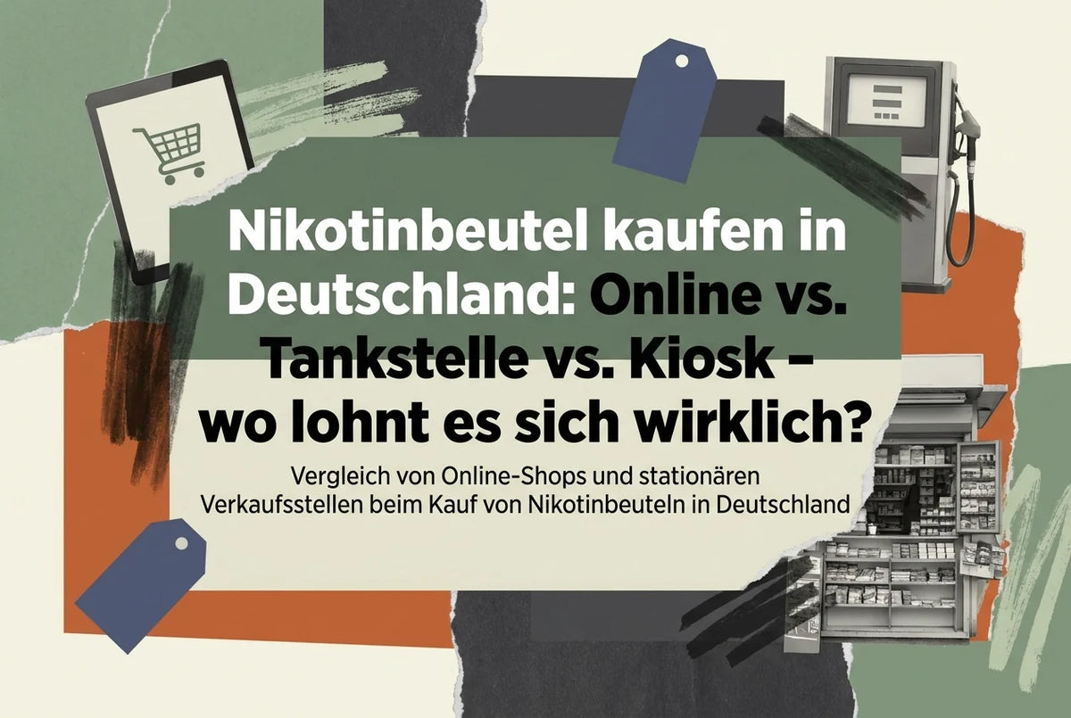 Professional header image for comparison analysis: Nikotinbeutel kaufen in Deutschland: Online vs. Tankstell...