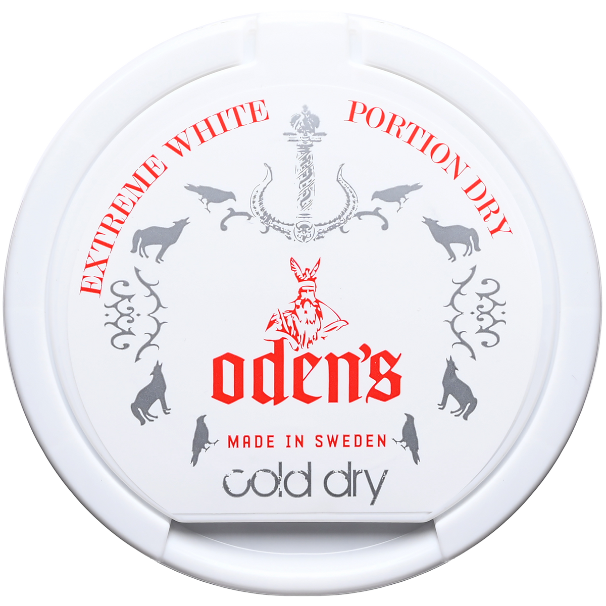Oden's Cold Extreme White Dry chewing tobacco pouch with white packaging and branding on a plain background.