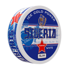 Siberia -80° White Blue Slim energy drink can, side view, featuring sleek white and blue design with logo and branding.
