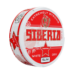 Siberia -80° White Dry Red Slim energy drink can shown from side view with sleek white design and branding.